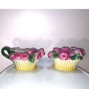 Beautiful vintage roses in relief creamer and sugar bowl made in Germany